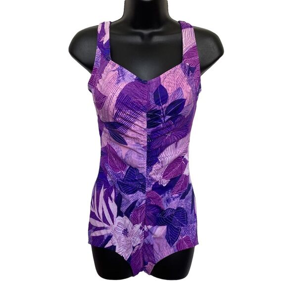 Vintage Maxine of Hollywood One Piece Purple Tropical Swimsuit Bathing Suit 10 - Picture 1 of 14